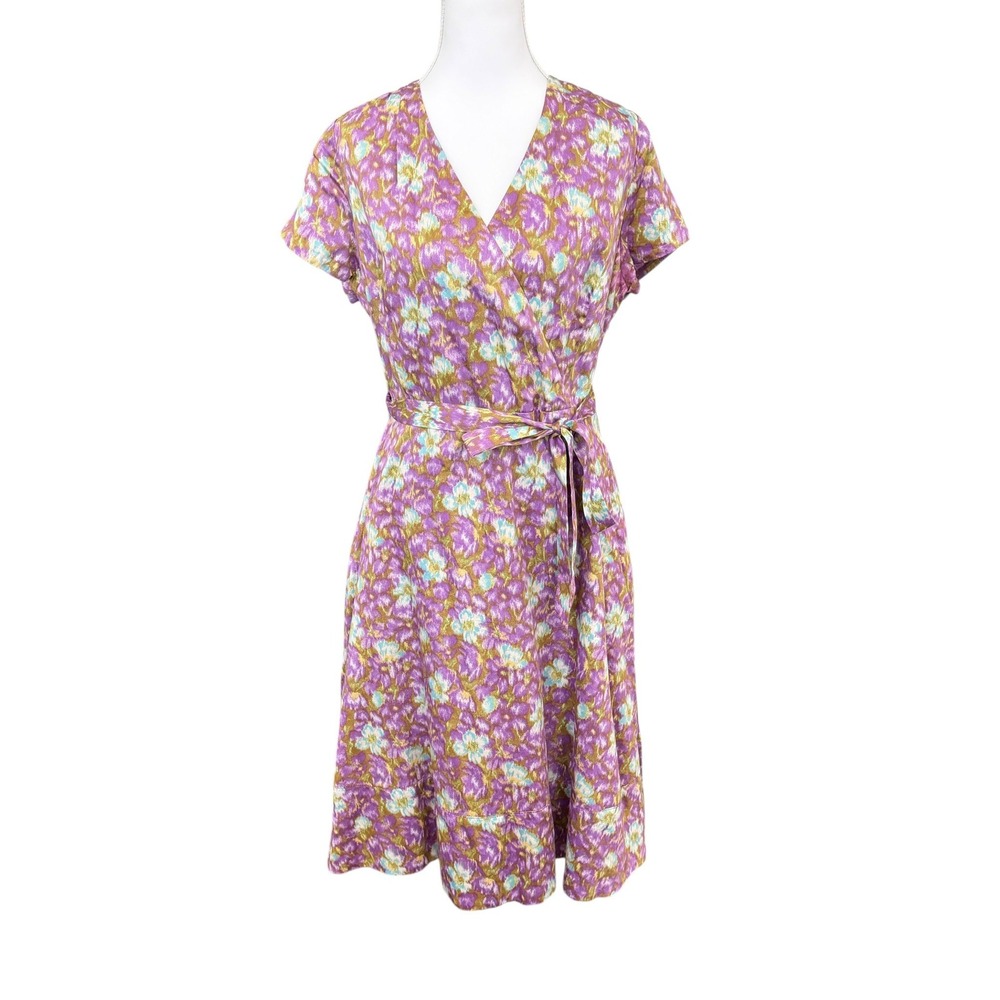 Lands End Floral Cotton Faux Wrap Dress 14 Purple Cottagecore Pockets Summer